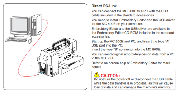 screenshot from Janome 550e manual on Direct PC-Link
