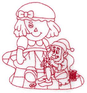Redwork Elf with Sewing a Doll