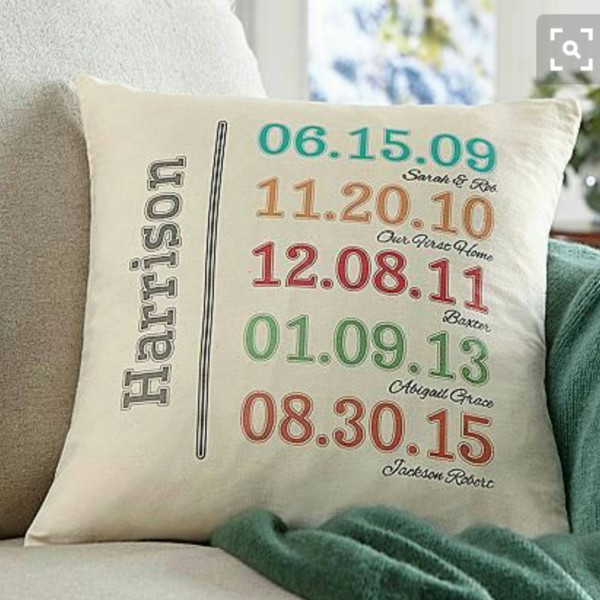 image of pillow with birth stats on it in stylized text