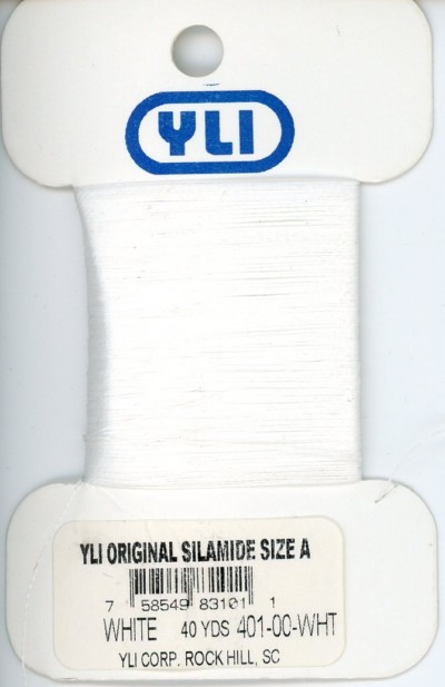 YLI Silamide, White, size A, 40yds; a waxed nylon beading thread