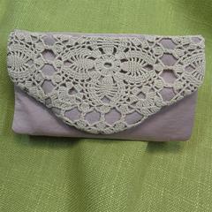 lavender clutch purse with handmade lace top