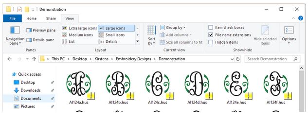Folder of embroidery designs now showing with  images that match the files.