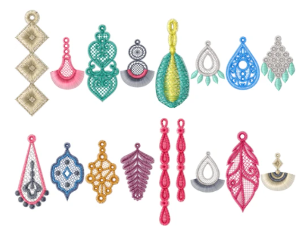 dangly lace earring designs including feathers and teardrops