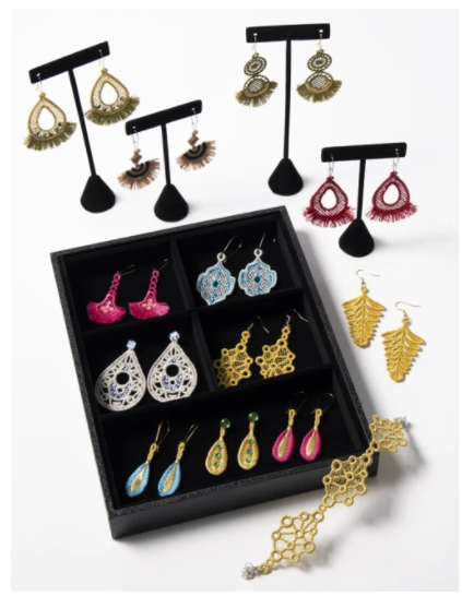 lace jewelry display, hanging earrings, earrings in shadowbox, lace bracelet