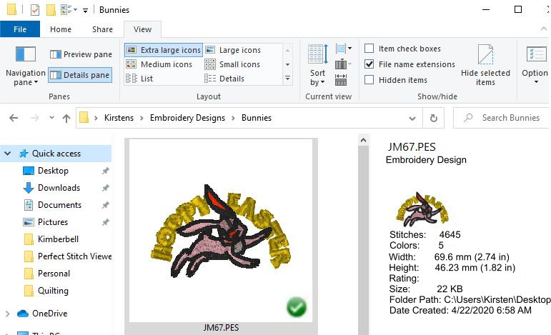 screenshot of Hoppy Easter design displayed by Perfect Stitch Viewer, including details pane.