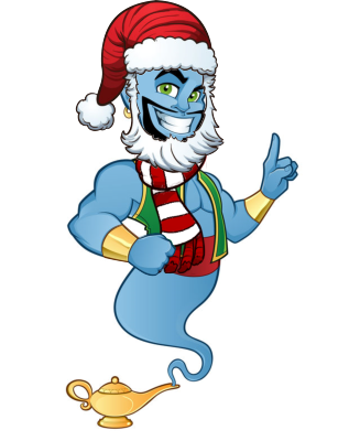Genie wearing a Santa outfit appearing next to a lamp