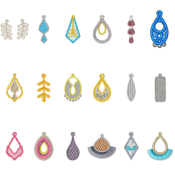 Included designs: teardrop earrings, dangle earrings, fringe earrings, insert earrings