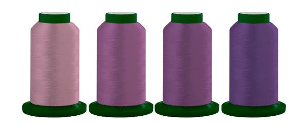 four varieties of purple colored thread spools