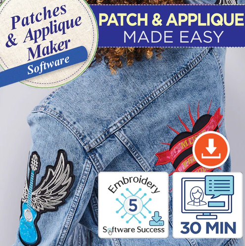 Patches & Applique Maker software - Jean jacket with winged guitar and flaming banner heart patches