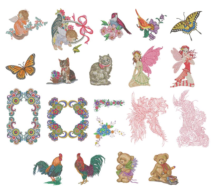 20 free designs: fairies, bordes, birds, toys, butterflies, cats