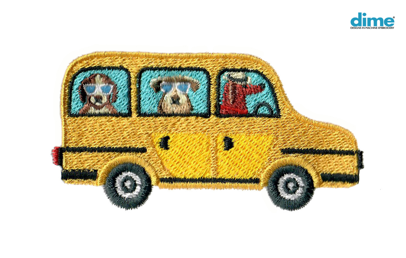 cartoon school bus with a silhouetted dog driving, and two dogs looking out the two rear windows
