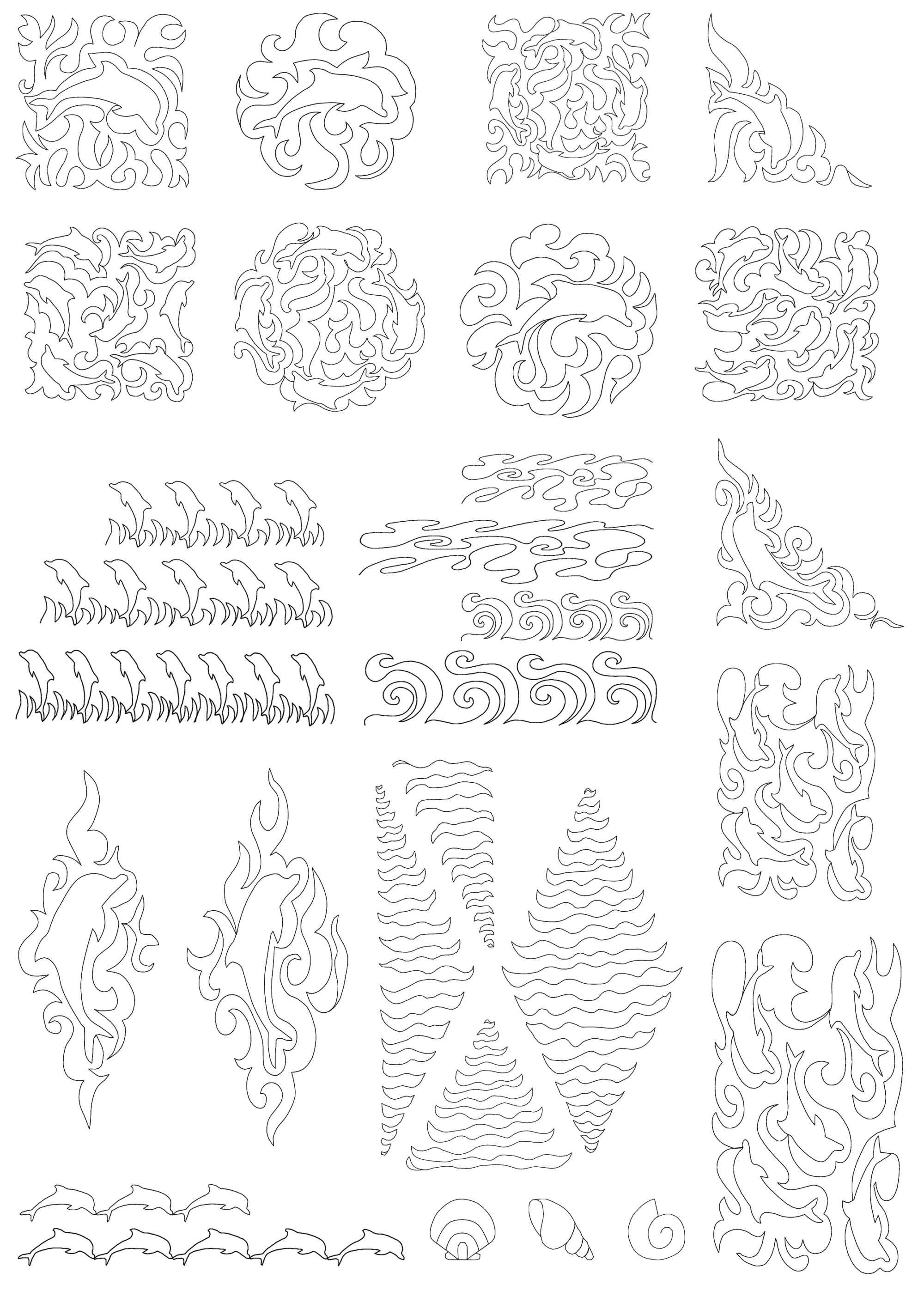 line images of the 22 designs, including dolphins, stylized ocean waves, and seashells