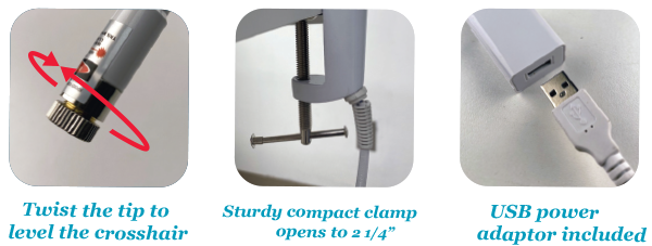 swivel tip, sturdy clamp, usb power adapter included