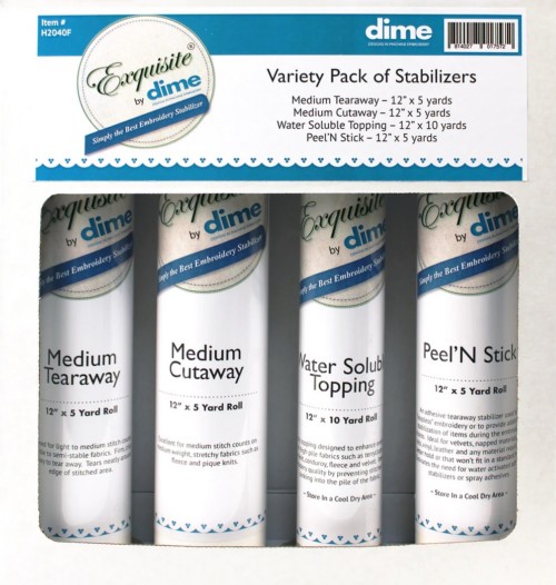 Variety Pack of Exquisite Stabilizers, 4 Tube Pack of Med Tearaway, Med Cutaway, Peel N Stick, and Water Soluble Topping