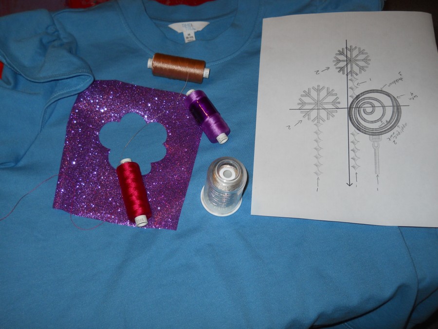 Blue Time & True Sweatshirt, printed production sheet, and spools of thread and Glitter Flex
