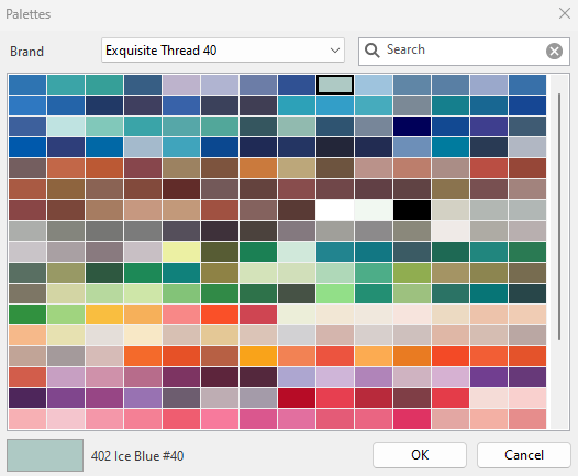 Thread color picker window shown with Exquisite Threads selected.