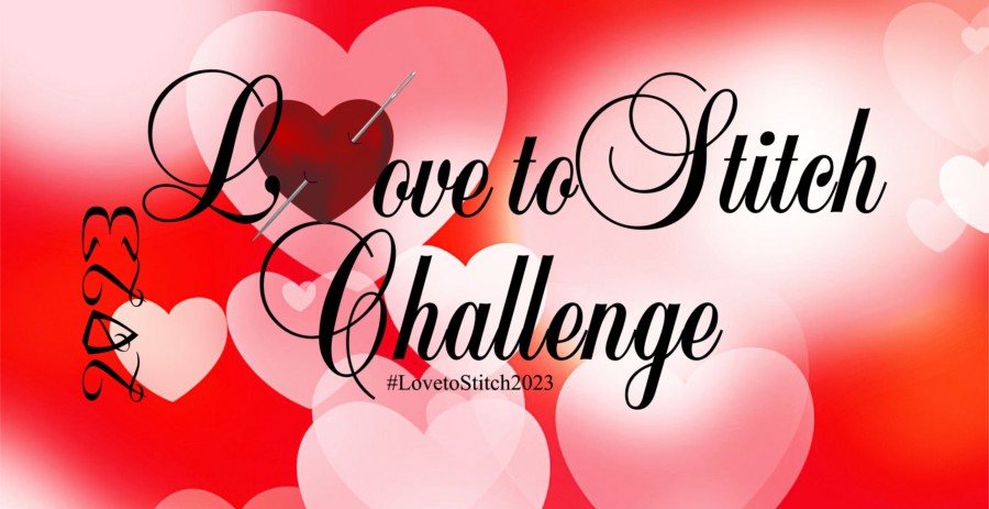 Text "Love to Stitch Challenge 2023" over background of pink and red hearts