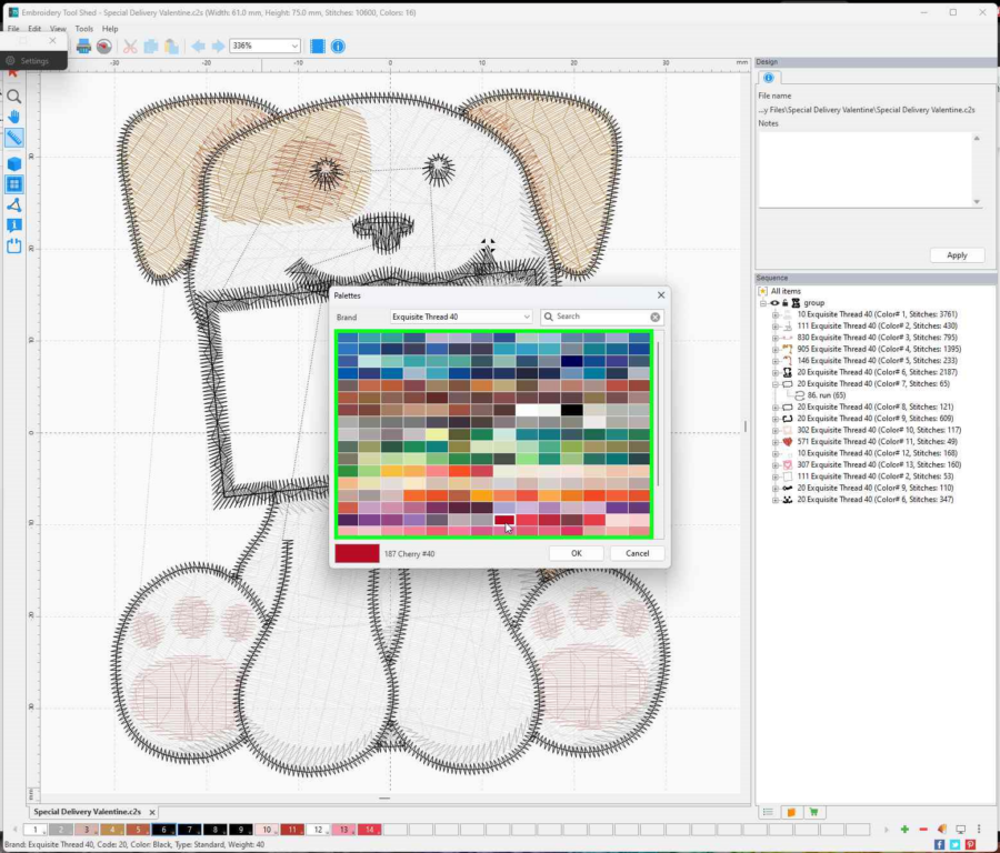 puppy design in Embroidery Tool Shed with color selection box