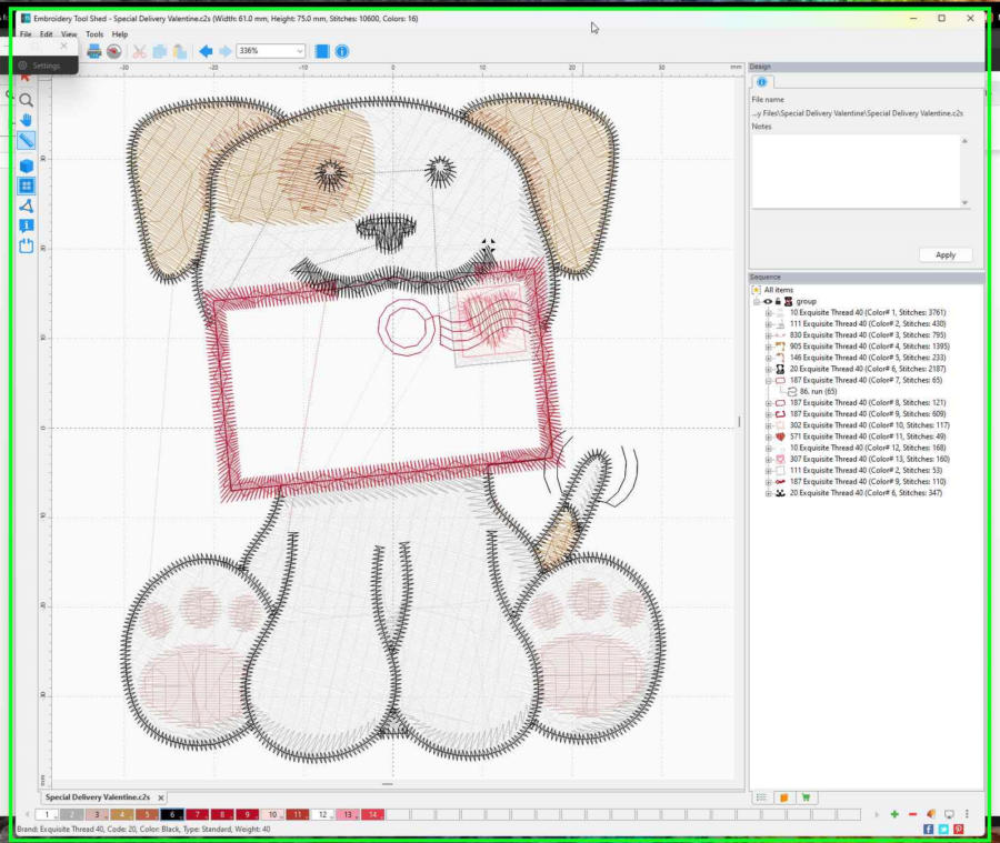 puppy with red envelope shown in embroidery Tool Shed