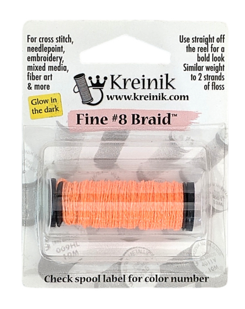 Kreinik Metallic Fine #8 Braid / 051F Glow-in-the-Dark Tangerine 