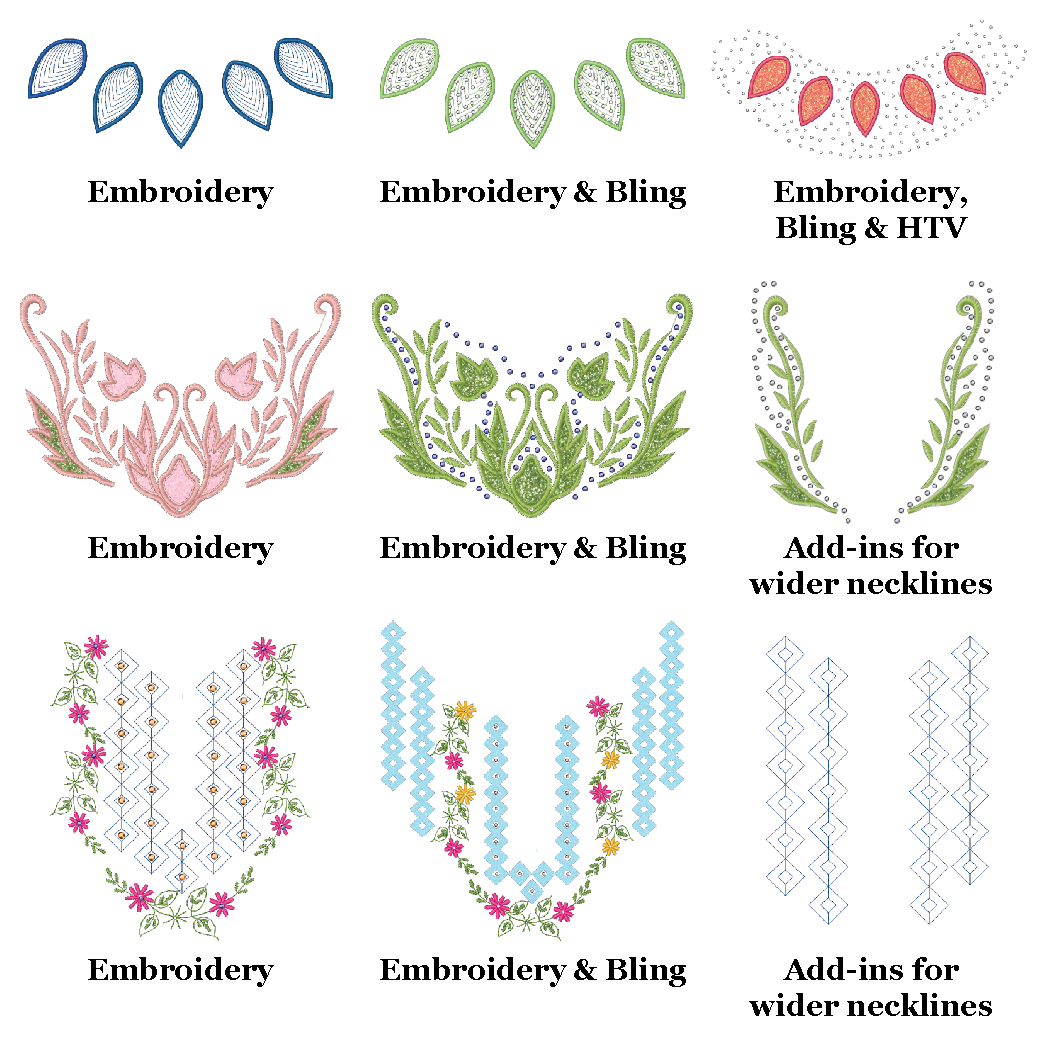 Various designs for Boutique Necklines, including simple embroidery, HTV, and Bling