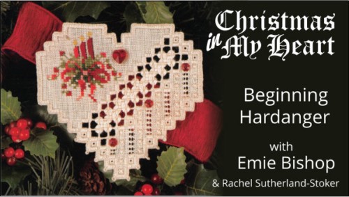 Hardanger Christmas Heart Ornament Pattern with Caption "Beginning Hardanger with Emie Bishop"