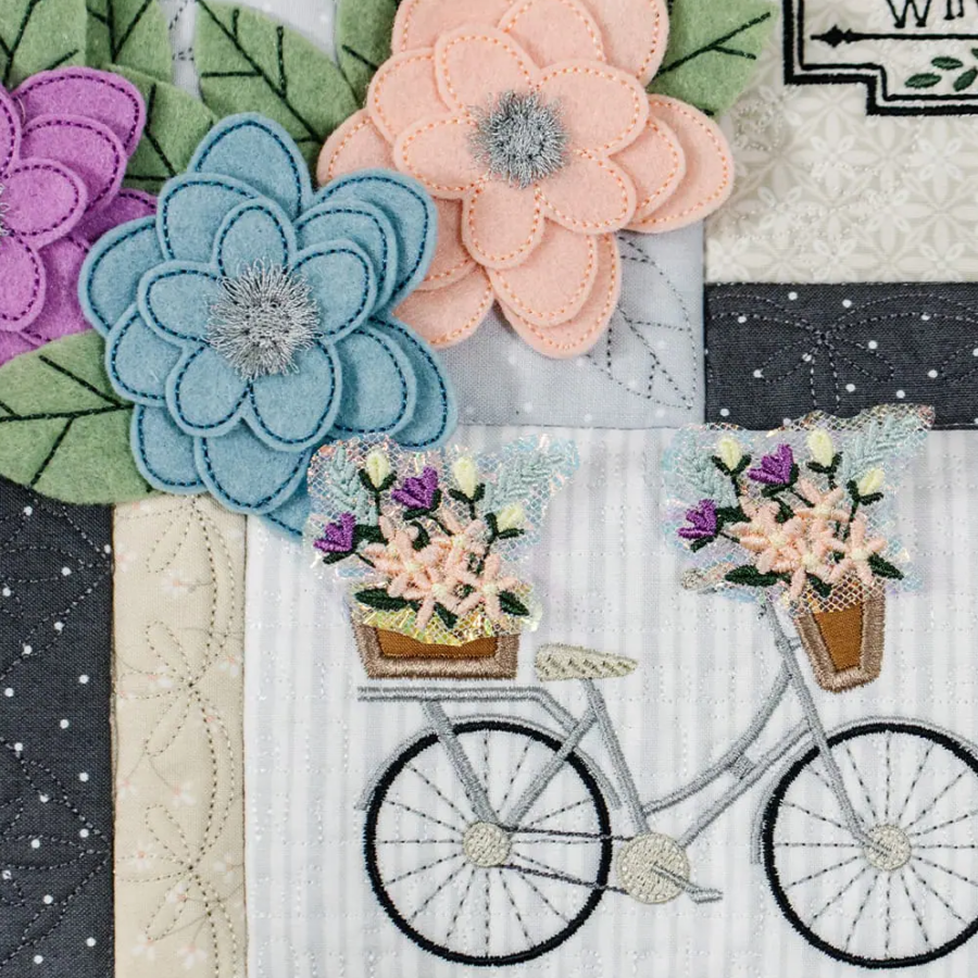 Close-up: spring flowers and bike basket bouquets