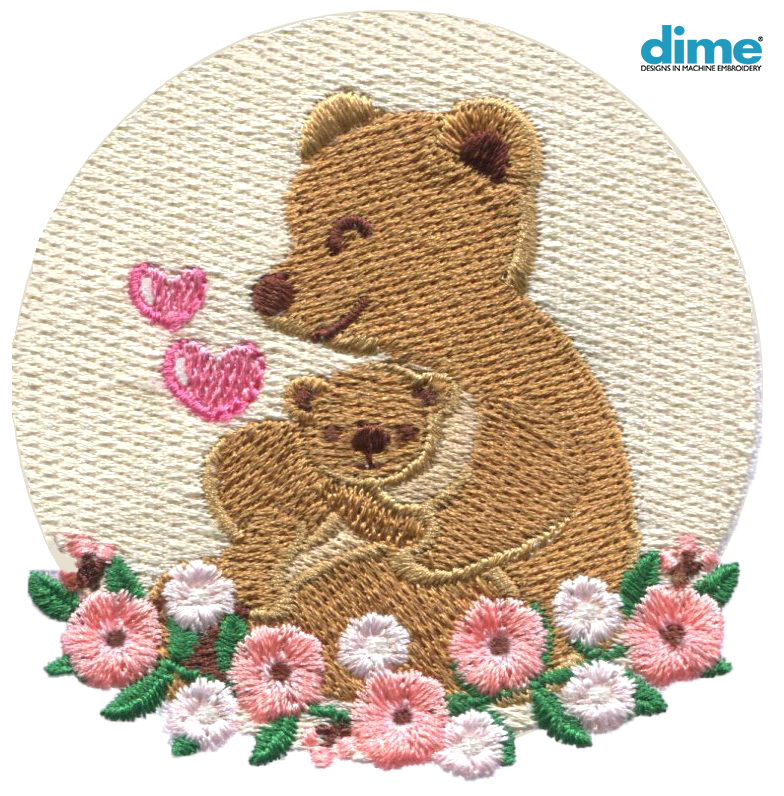 Mama and Baby Bear hugging in a circle of love with a flower garland at bottom