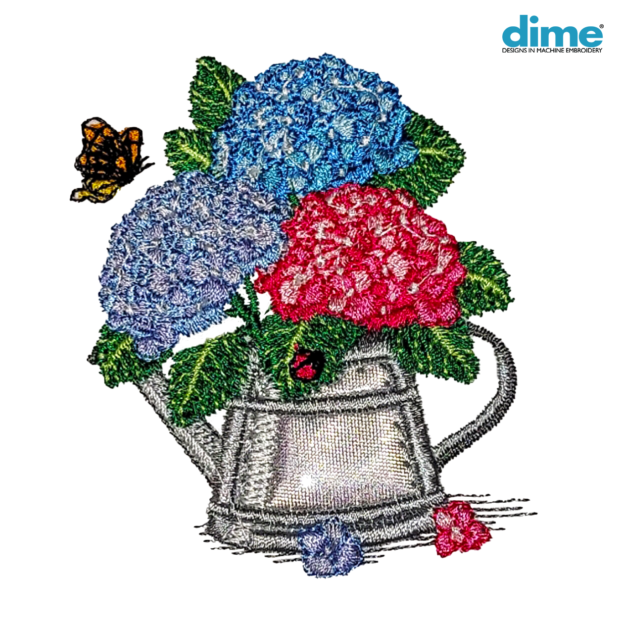 Colorful Hydrangea Bouquet in silver watering can