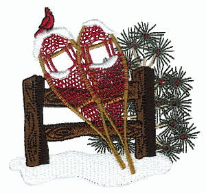 Snowshoes on Fence with Cardinal