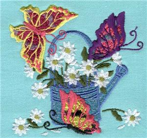 Watering can with flowers and butterflies