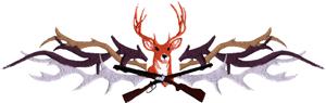 Deerhead with crossed hunting rifles in a wood/antlers