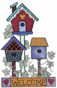 Three Birdhouses with Welcome Sign, larger