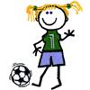 Happy little stick figure girl playing soccer in a