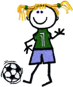 Happy little stick figure girl playing soccer in a shorts with a #1 shirt. / Stick Girl Playing Soccer