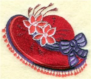 Red Hat with Fringe, Ribbon, and Flowers