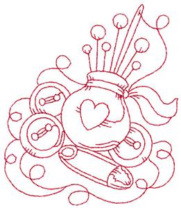Pin cushion with heart redwork small