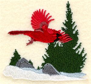 Cardinal in Flight with Pines