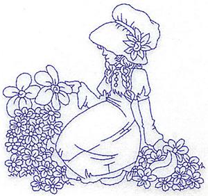 Girl in Sunbonnet sitting amid flowers med