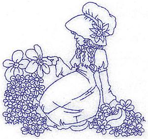 Girl in Sunbonnet sitting amid flowers sm