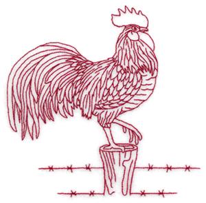Redwork Rooster Barbed Fence