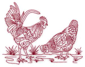 Redwork Roosters In Grass