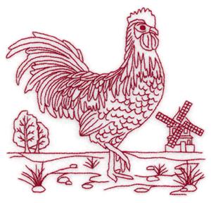 Redwork Rooster With Windmill