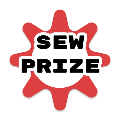 Sew prize written in black letters in the middle of the design and around is a red squiggle cirlce