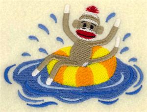 Sock Monkey Floating in Inner Tube