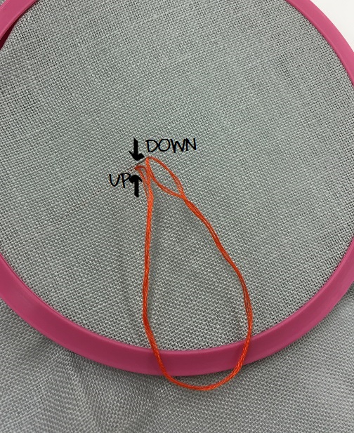 Hooped aida fabric with starting position of French knot marked.