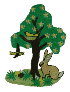 Birds and rabbit under tree